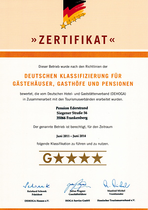 Zertifikat: Deutsche Klassifizierung für Gästehäuser, Gasthöfe und Pensionen